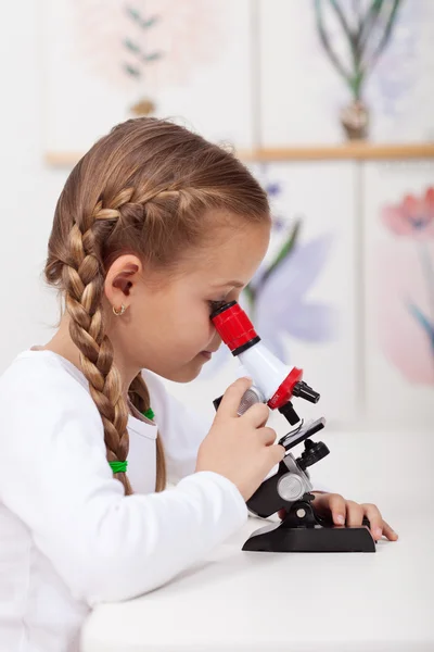 Little student study plants in biology class — Stock Photo, Image