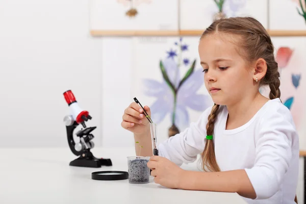 Young student in biology science class study small plants — Stock Photo, Image