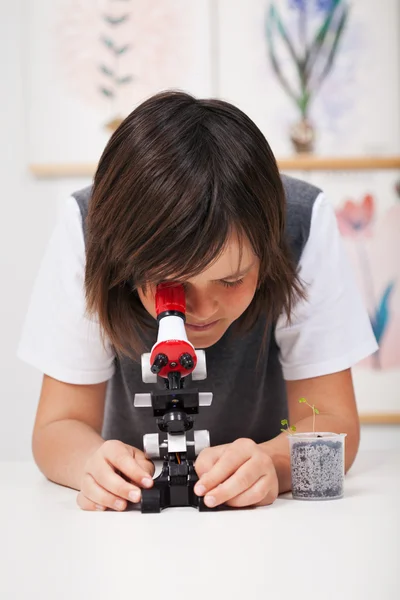 Школьник в классе естественных наук с микроскопом — стоковое фото
