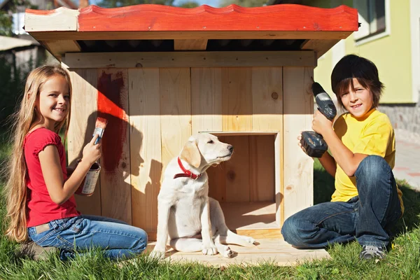 Niños preparando un refugio para su nuevo cachorro — Foto de Stock