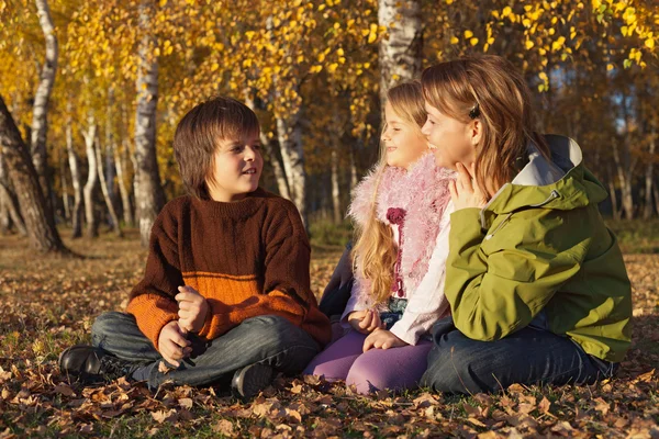 Família relaxante na floresta ensolarada de outono — Fotografia de Stock