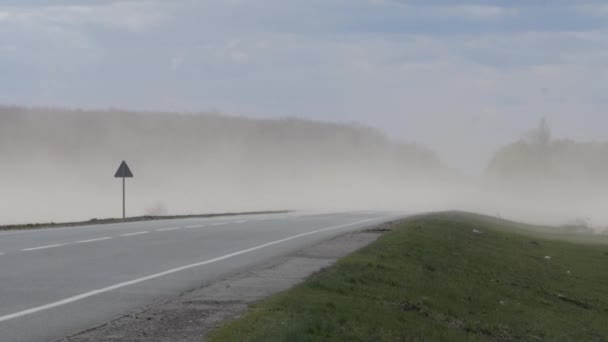 Stof storm in de zomer dag en auto op de weg rijden vooruit — Stockvideo