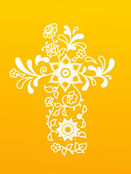 White floral Christianity cross on yellow background. — Stock Vector