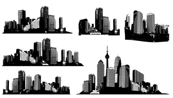 Conjunto de ciudades panorámicas en blanco y negro. Arte vectorial — Vector de stock