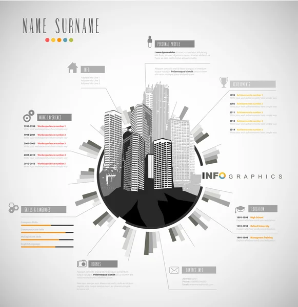 Modèle de CV créatif avec paysage urbain . — Image vectorielle