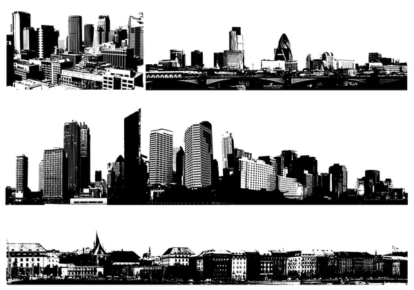 Villes panoramiques en noir et blanc. Art vectoriel — Image vectorielle