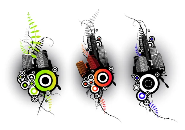 Sada 3 plovoucí města s rostlinami. vektorové umění — Stockový vektor