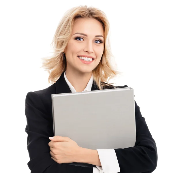 Giovane donna d'affari sorridente con cartella grigia — Foto Stock