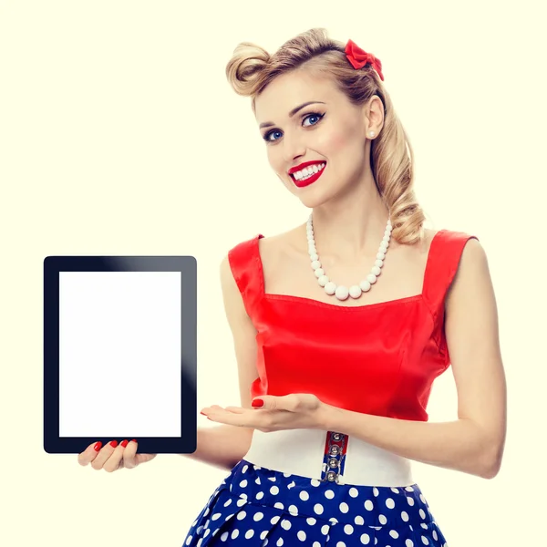 woman, showing blank no-name tablet pc monitor, with copyspace