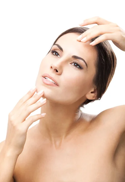 Woman touching skin or applying cream, isolated — Stock Photo, Image