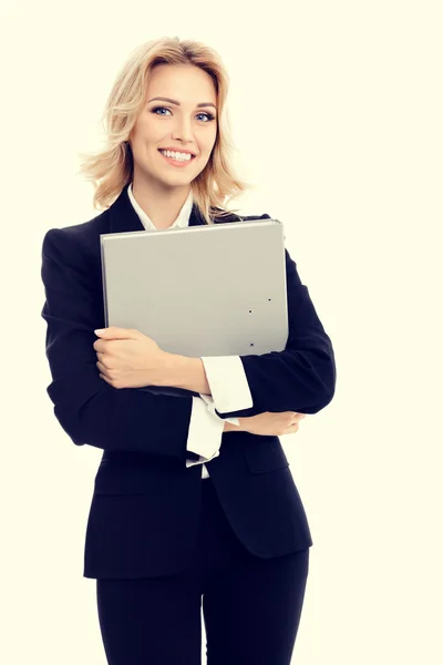 Joven mujer de negocios sonriente con carpeta gris —  Fotos de Stock