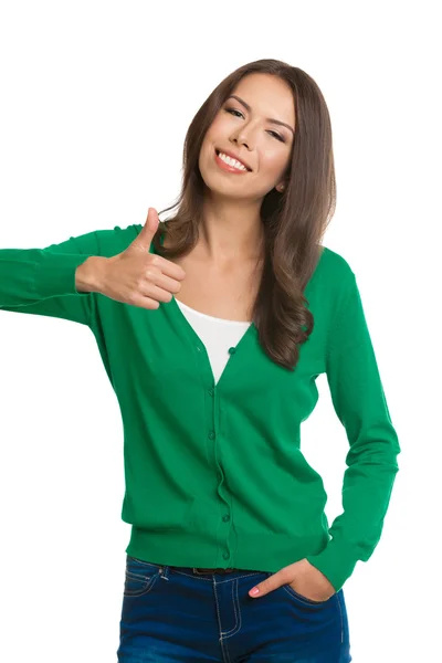 Woman showing thumbs up gesture, isolated — Stock Photo, Image