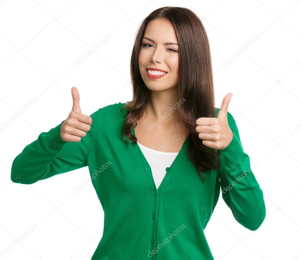 woman showing thumbs up gesture, isolated