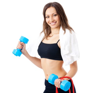 Woman with dumbbell, ball and expander, on white 