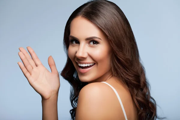 Feliz gesto joven mujer — Foto de Stock