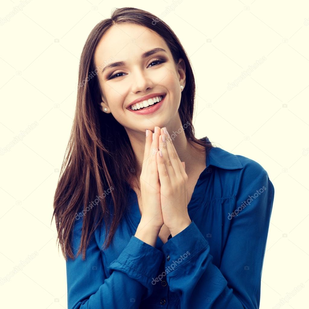 happy gesturing smiling young woman