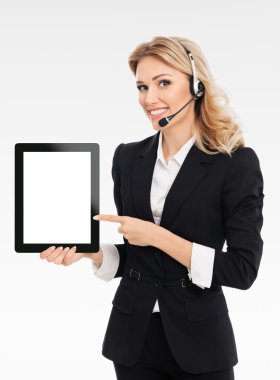 support phone operator showing blank no-name tablet pc monitor clipart