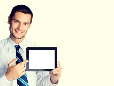 Businessman showing blank tablet pc clipart