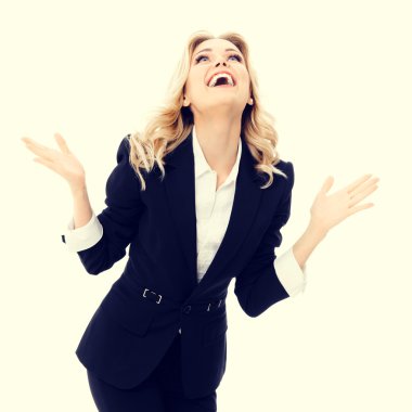 Mutlu genç neşeli işkadını el hareketi