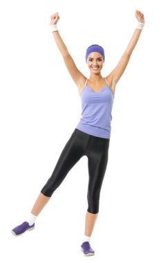 mutlu gülümseyen kadın atlama ya da fitness aerobik egzersiz, 
