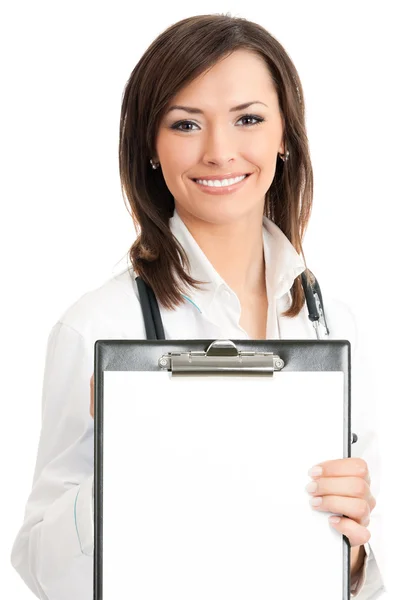 Doctor showing clipboard with copyspace, on white — Stock Photo, Image