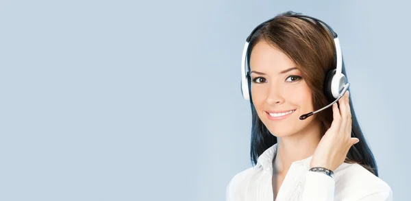 Support phone operator in headset, on blue — Stock Photo, Image
