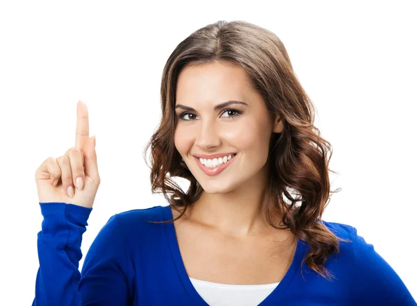 Belle jeune femme montrant, sur blanc Photos De Stock Libres De Droits