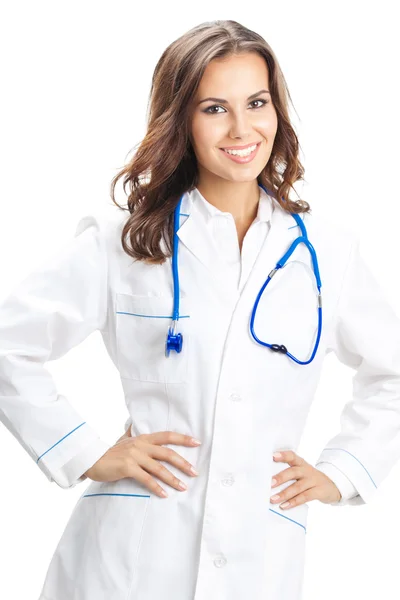 Ευτυχής χαμογελαστοί γυναίκα γιατρό, πάνω από το λευκό — Φωτογραφία Αρχείου