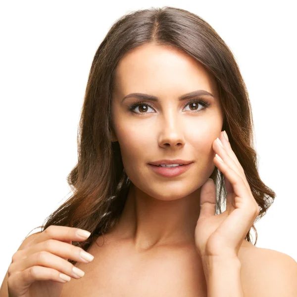 Woman touching skin or applying cream, isolated — Stock Photo, Image