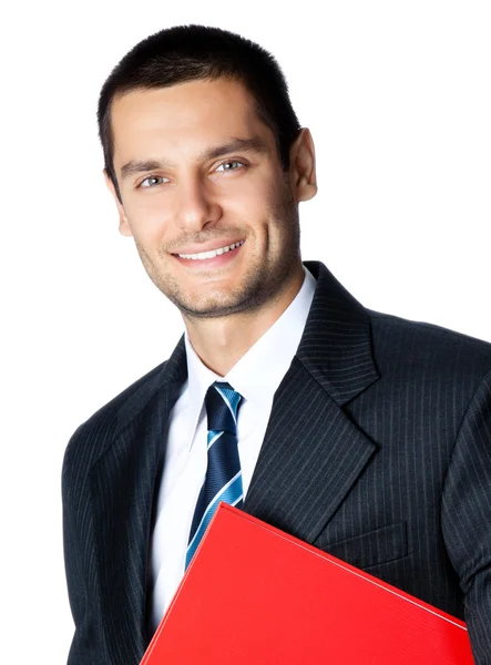 Feliz hombre de negocios sonriente con carpeta roja — Foto de Stock