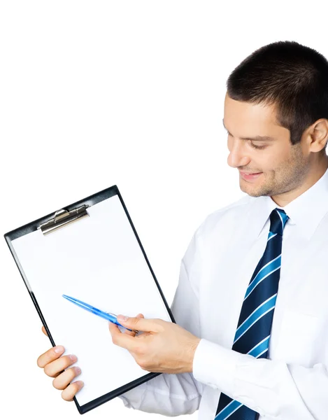 Businessman with clipboard, on white — Stock Photo, Image