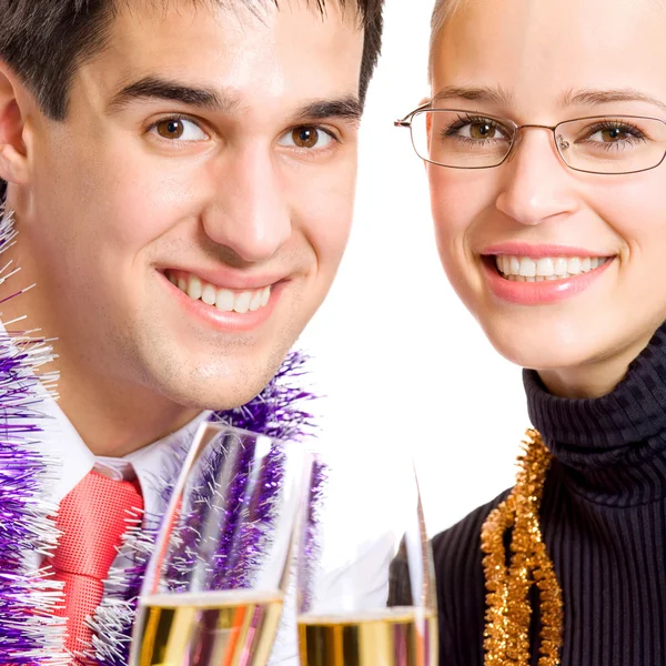 Empresários ou casal com champanhe — Fotografia de Stock