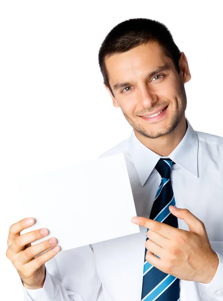 Young businessman showing signboard, on white Stock Photo