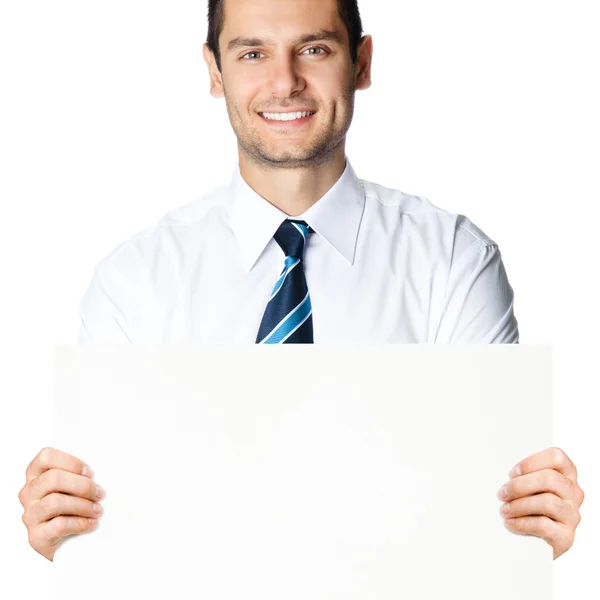 Businessman showing signboard, isolated Royalty Free Stock Images