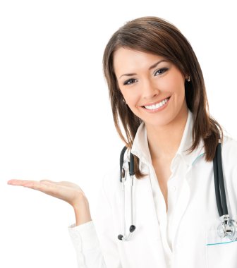 gösterilen, izole mutlu gülümseyen doktor 