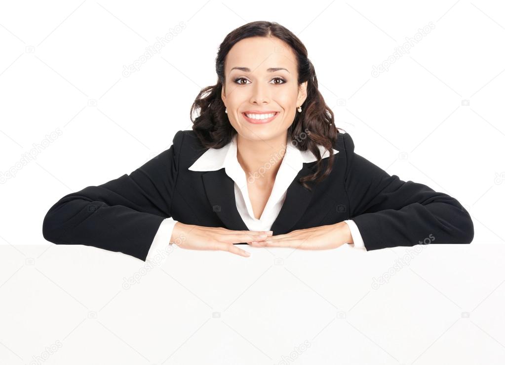 Businesswoman showing blank signboard, on white 