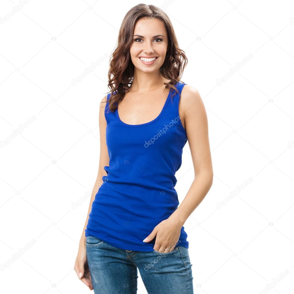 Happy smiling young woman, over white