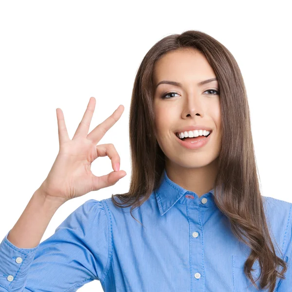 Mujer de negocios con buen gesto, en blanco — Foto de Stock