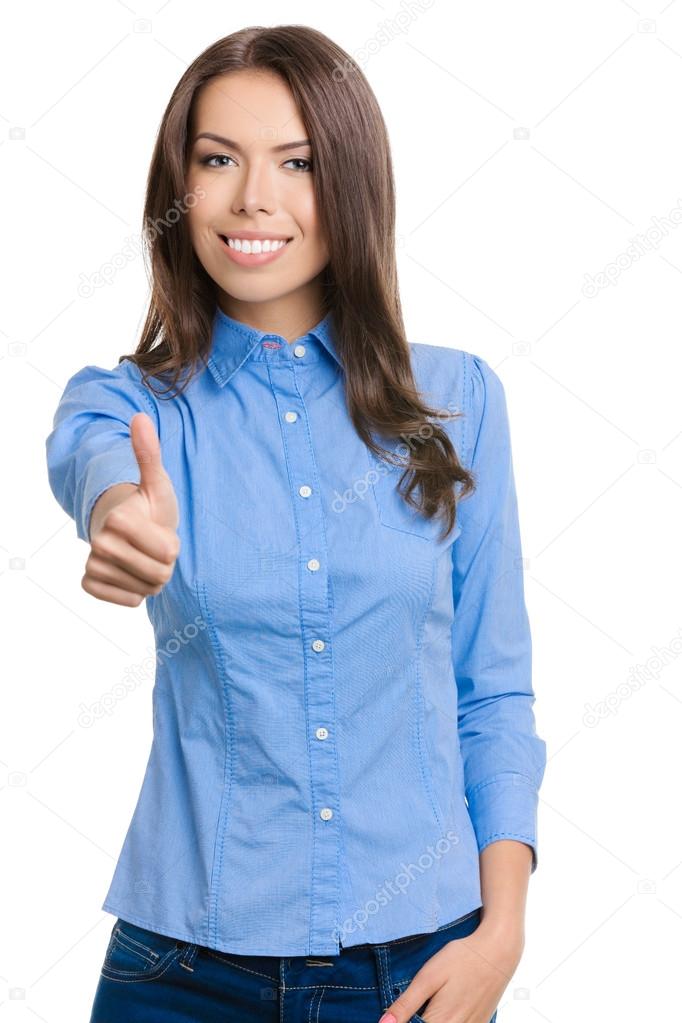 Businesswoman showing thumbs up gesture