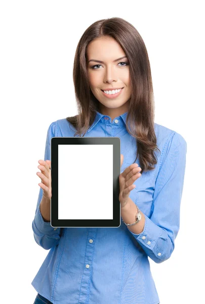 Podnikatelka zobrazeno prázdné počítače tablet pc, na bílém pozadí — Stock fotografie