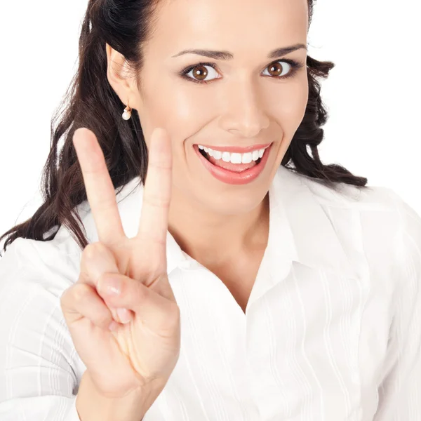 Podnikatelka ukazující dva prsty, na bílém pozadí — Stock fotografie