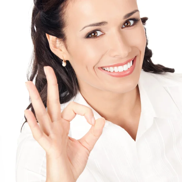 Donna d'affari con gesto giusto, su bianco — Foto Stock