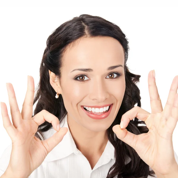 Ділова жінка з нормальним жестом, на білому — стокове фото