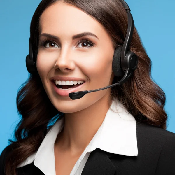 Support telefon operatör i headset, på blå — Stockfoto