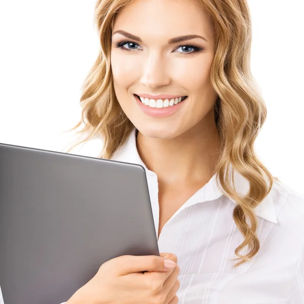 Geschäftsfrau mit Tablet-PC, isoliert — Stockfoto