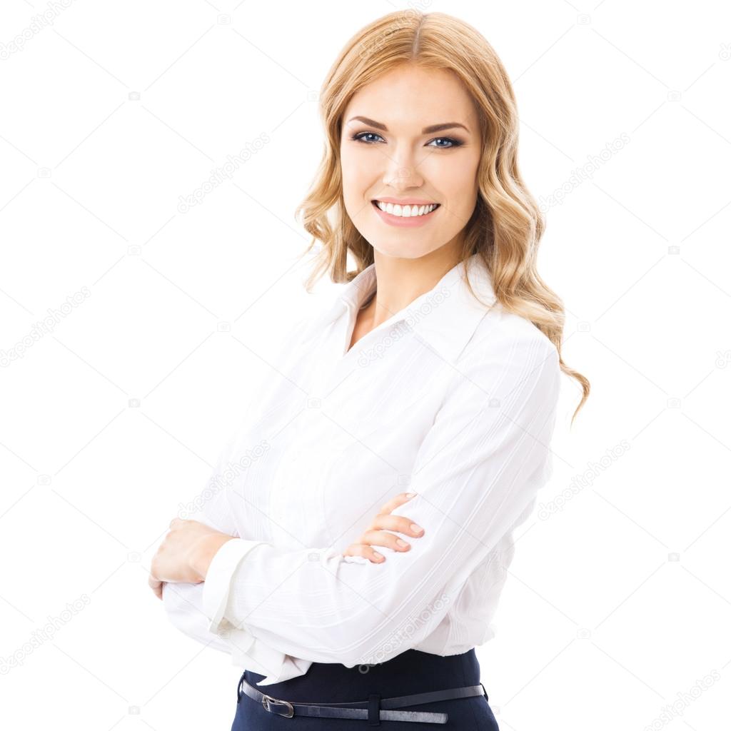 Young cheerful business woman, on white