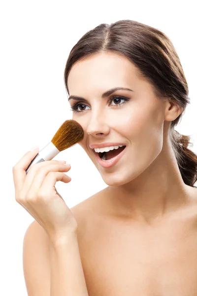 Young woman with cosmetics brush, isolated — Stock Photo, Image