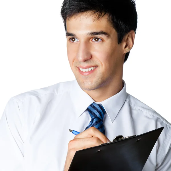 Sonriente hombre de negocios escribiendo, sobre blanco — Foto de Stock