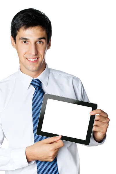 Businessman showing blank taplet pc monitor, isolated — Stock Photo, Image