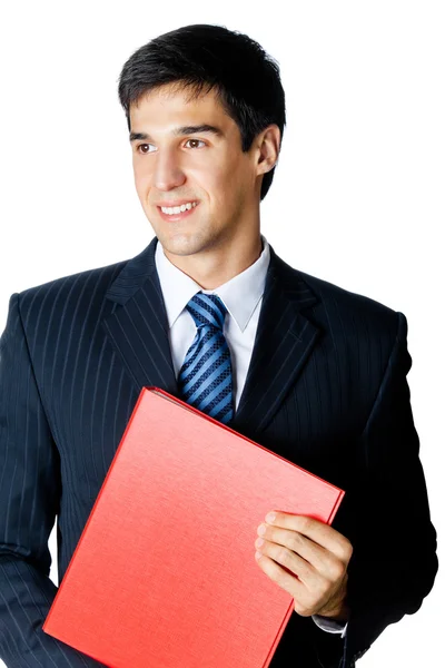 Empresário sorridente com pasta vermelha, isolado em branco — Fotografia de Stock